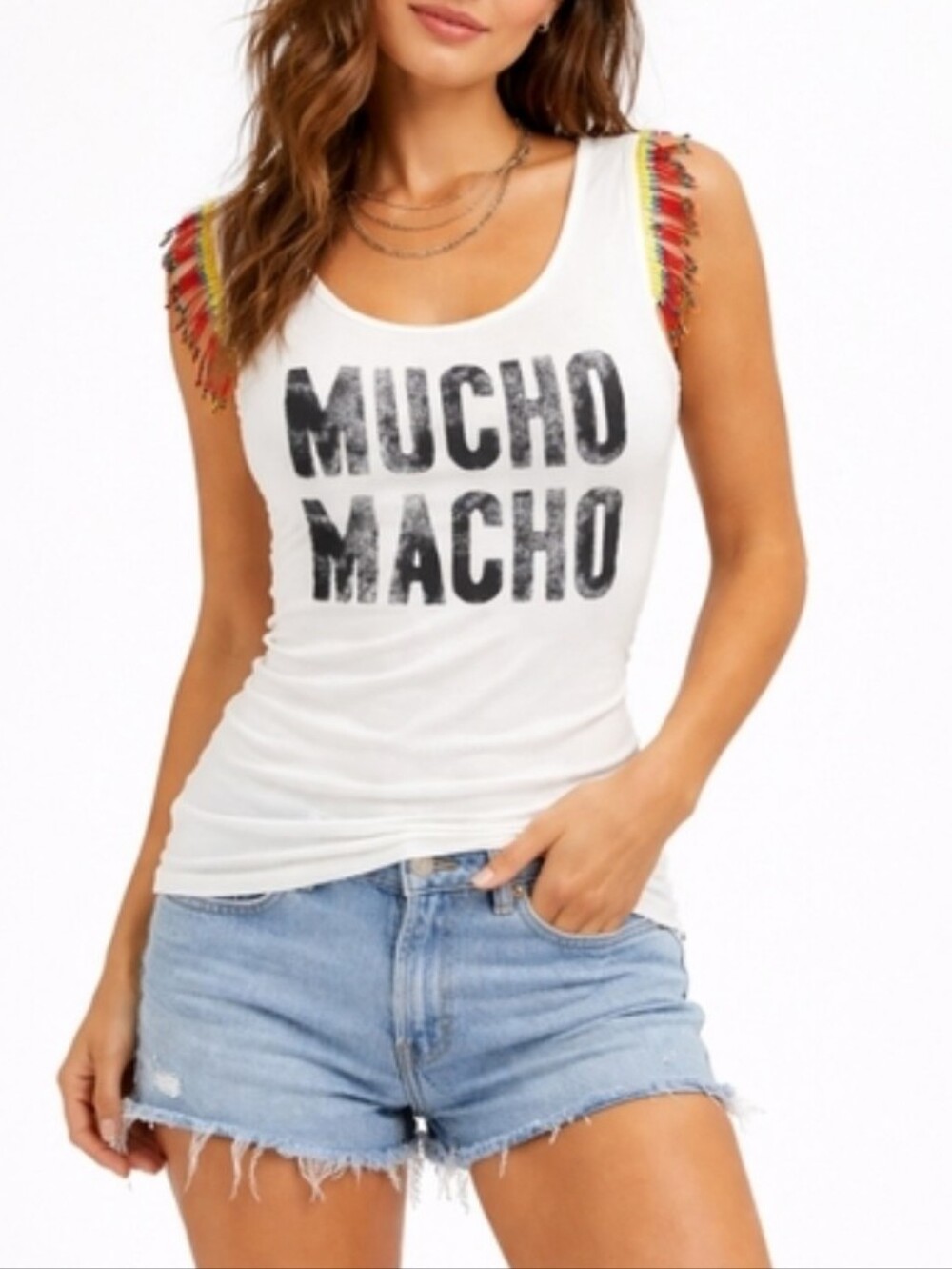 I Love H81 Mucho Macho Y2K Graphic Tank Top Beaded Fringe Sleeves White Tee Sz M